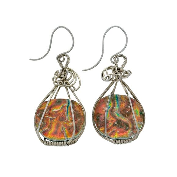 Silver Tone Wire Wrapped Dichroic Glass Dangle Earrings - Picture 1 of 4